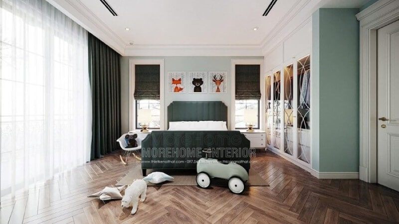 Giường ngủ bọc nệm màu xanh đẹp độc đáo cho phòng bé trai
